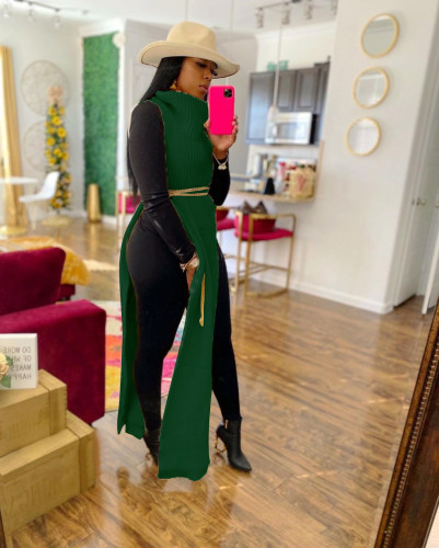 Green Sexy Solid Split Turtleneck Nightclub Sweater Sexy Long Sleeveless Dress (Without Waist Chain)