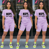 Casual Purple Short Sleeve Knit Print Sportswear Shorts Set Two Piece
