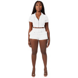 Solid White Zipper Cardigan Hooded Cropped Two-Piece Short Summer Set