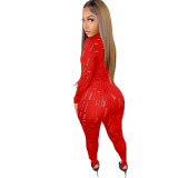 Red Sexy Solid Ripped See-through Turtleneck Long Sleeve Two Pieces Tracksuit Set