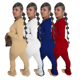 New Stylish Women Long Sleeves Patchwork Solid Stacked Skinny Casual Pants Set