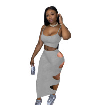Solid Color Straps Crop Top and Holes Long Skirt