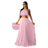 Casual Pink Pleated Straps Crop Top and Skirts Set