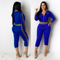 Casual Blue Women's Zip Print Blouse and Trousers Casual Blue Women's Zip Print Blouse and Trousers