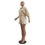 Solid Color Beige Convertible Collar Ruffled Short Romper