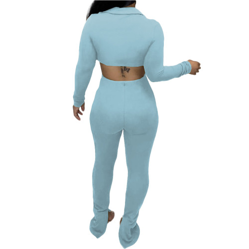 Solid Color Light Blue Thicken V Neck Button Crop Top Split Casual Set