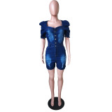 Casual Denim Romper with Ripped Holes