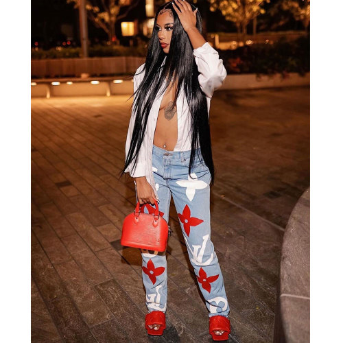 Casual Offset Printing Denim Trousers High Waist Blue Washed Jeans
