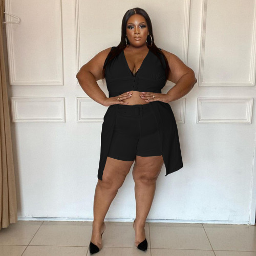 Plus Size Women's Casual Black Cardigan Two Piece Shorts Set without Belt