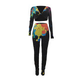 Women Colorful Ink-splash Print Crop Top Two Piece Outfits