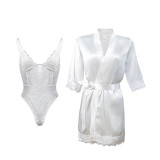 Floral Lace Teddy Bodysuit With Satin Belted Robe