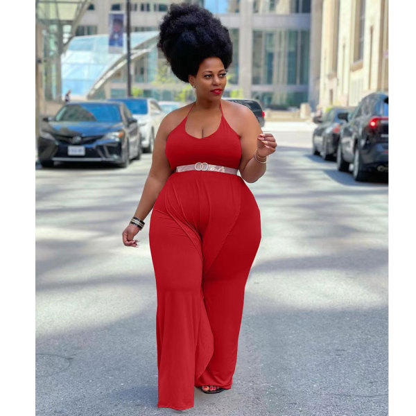Solid Color Red Ruffled Halter One Piece Sexy Backless Jumpsuit
