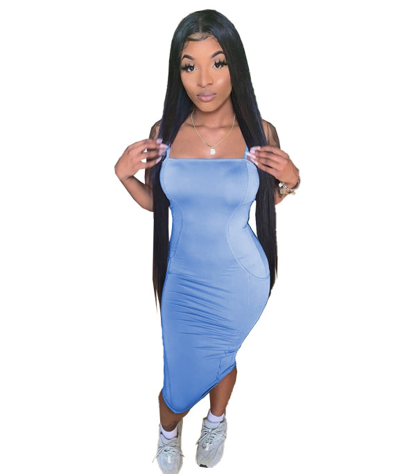 Solid Color Straps Sexy Mid Dress