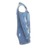 Blue Ripped Cut Out Cold Shoulder Denim Coat