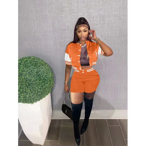 Summer Orange Air Layer Jacket Baseball Uniform Casual Two-Piece Splicing Sportswear Set
