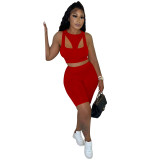 Red Solid Color Thread Pit Stitching Irregular Sports Shorts Set