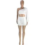 Solid Color Singe Shoulder Two Piece Short Set with Pockets
