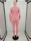 Casual Pink Printed High Neck Zipper 2 Piece Sweatpants Set