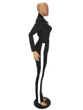 Autumn Winter Black Color Matching Zipper High Collar Blouse and Split Zip Trousers