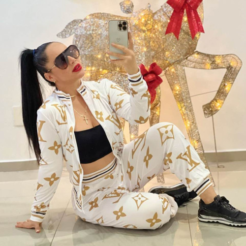 Casual Zipper Printed Sports Sweatshirt Two Piece Outfits