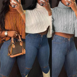 Solid Color Grey High Neck Short Shawl Sweater Top