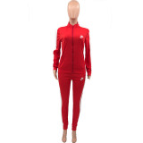 Ladies Casual Red High Neck Embroidered Letter Colorblock Pants Set