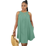 Light Green Solid Color Sleeveless Crew Neck Pleated Cotton Mini Dress with Pocket