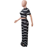 Casual Striped Print Pit Cropped Top and Wide-leg Pants