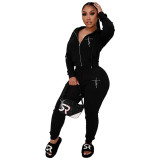 Casual Printed Bodycon Sexy Zipper Hoodie 2 Pieces Outfits Set