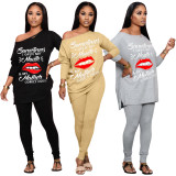 Casual Print Lips Patchwork O Neck Long Sleeve Two Pieces