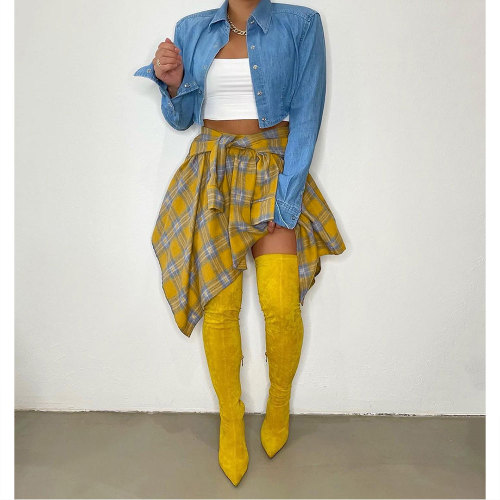 Summer Printed Preppy Style High Waist Plaid Belted Midi Asymmetrical Skirts