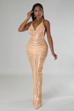 Solid Color Deep V Halter Stacked Maxi Dresses