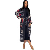 Soft High Elastic Long Sleeve Printed Loose Long Jacket with Belt