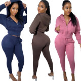 Women's Solid Color Velvet Zipper Hoodied Casual Two Piece Set