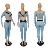 Color Block Patchwork Matching Women 2 Piece Set Spaghetti Strap Backless Crop Top & Buttons Up Pencil Trouser