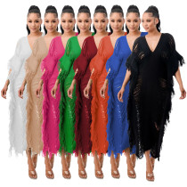 Solid Color Manual Knitted Sheer Fringed Dress