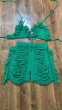 Green Summer Beachwear Thread Ripped Crochet Knitted Tassel Bra Top & Shorts Co-Ord