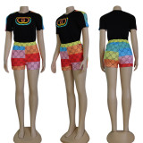 Casual Digital Print Short Sleeve Shorts Set