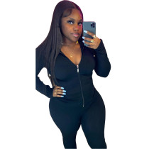 Solid Color Black Pit Zipper Cardigan Hoodie Blouse Trousers Set For Winter Women