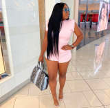 Pink Solid Sleeveless Shoulder Pads Two Piece Shorts Sets
