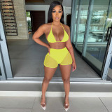 Summer Yellow Beachwear Sexy Mesh Sequined Two Piece Short Set