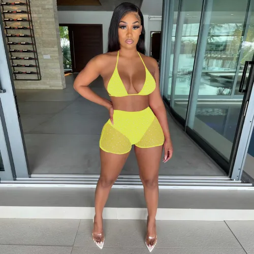 Summer Yellow Beachwear Sexy Mesh Sequined Two Piece Short Set