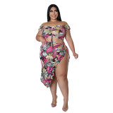 Plus Size Sexy Print Bandage Split Joint Slit Off the Shoulder Two Pieces Skirts Set