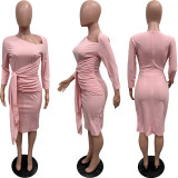 Plain Bandage Ruched Slant Neck Midi Dress