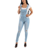 Women Ripped Jeans Suspender Sexy Spaghetti Strap Blue Bodycon Causal Overalls Jumpsuit
