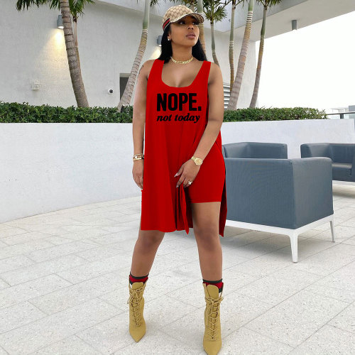Summer Red Printed Loose Sleeveless Long Vest Top Shorts Set