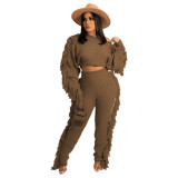 Winter Clothing Casual Apricot Tassels Sweater Crop Top and Pants 2PC Knit Tracksuit Set