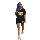 Solid Color Pattern Printed Short Sleeve Two Piece Set