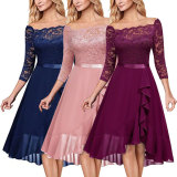 Off Shoulder Floral Lace Front Split Three Quarter Sleeves Bridesmaid Party Dress