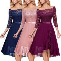 Off Shoulder Floral Lace Front Split Three Quarter Sleeves Bridesmaid Party Dress Off Shoulder Floral Lace Front Split Three Quarter Sleeves Bridesmaid Party Dress